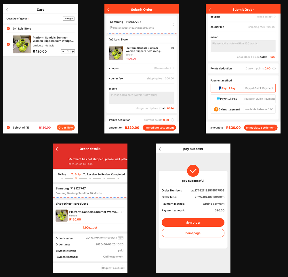 Screenshots of shopping cart, shipping, and payment screens