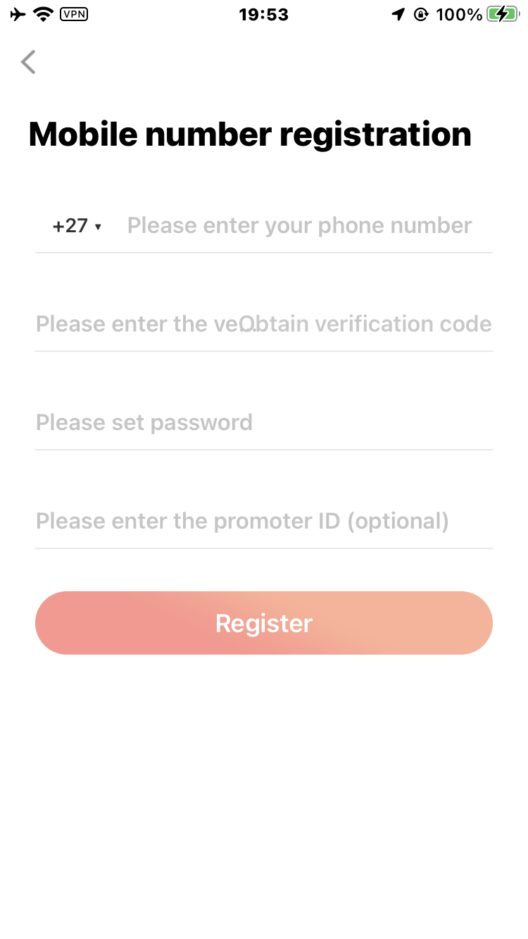 Screenshot of Sandtoner app welcome screen with register button